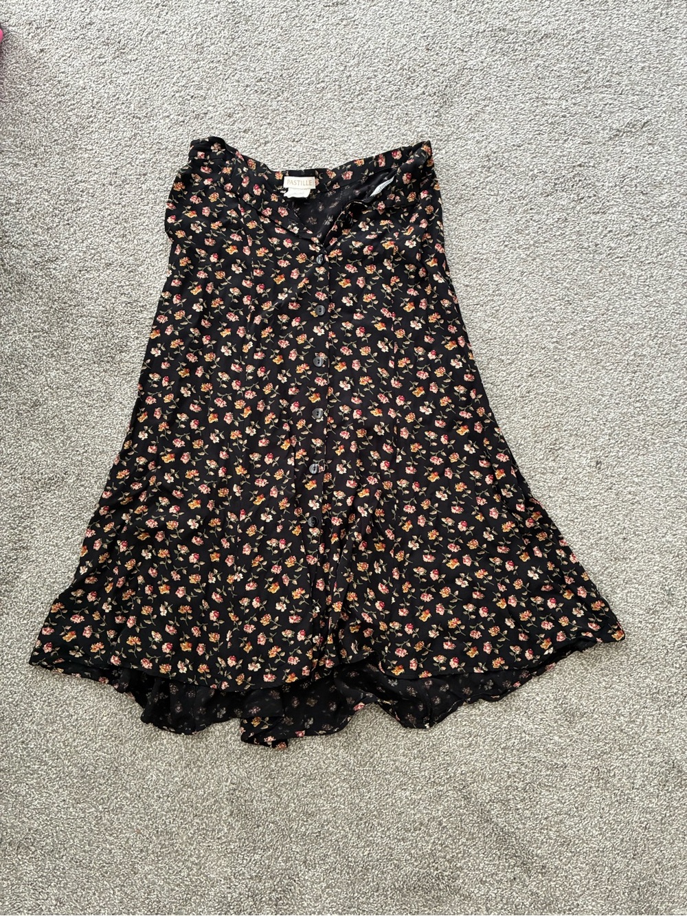Vintage Black Midi Skirt with Small Red Floral Print